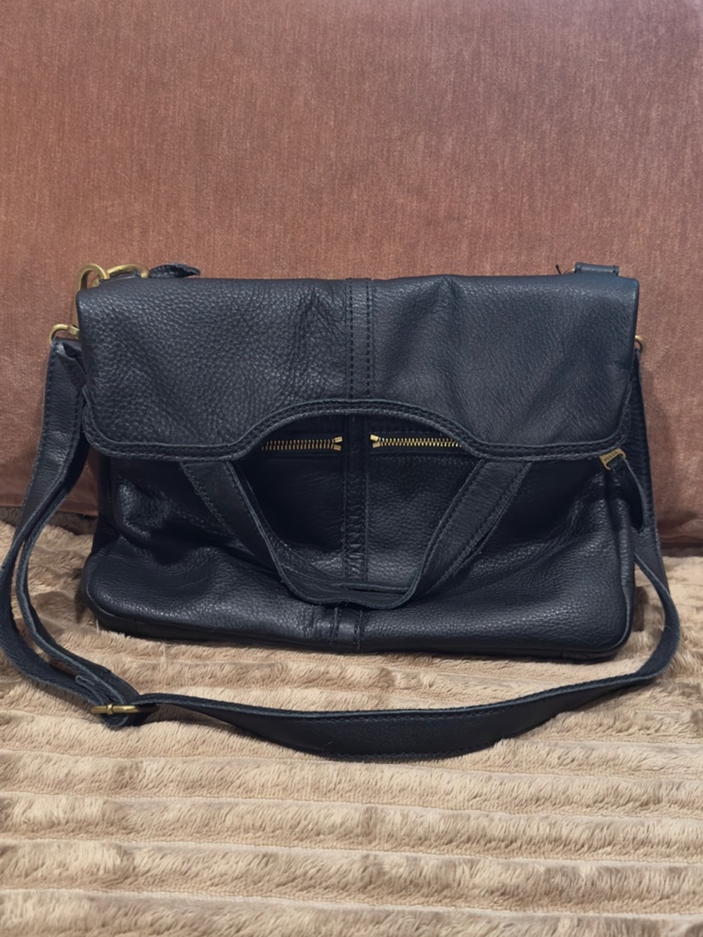 Fossil Fold Over Black Leather Crossbody Bag
